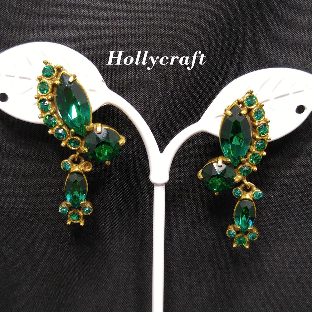 Vintage Hollycraft Green Rhinestone Earrings, Gold Plated Dangle, 1960s